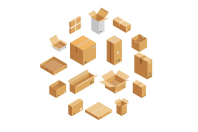 Parcel packaging box icons set, isometric style