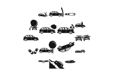 Accident car crash case icons set, simple style