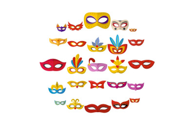 Carnival mask venetian icons set, flat style