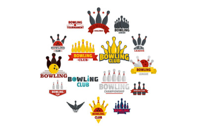 Bowling kegling game logo set, flat style