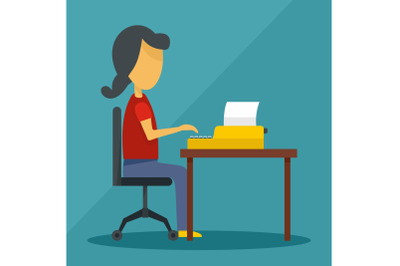 Woman writing on desktop icon, flat style