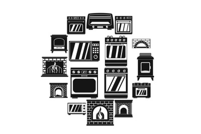 Oven stove fireplace icons set, simple style