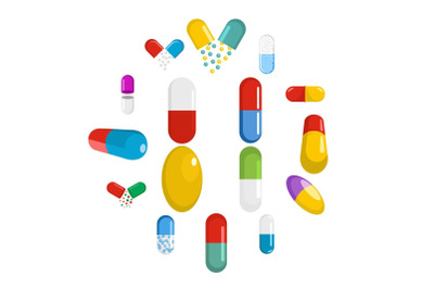 Capsule pill medicine icons set, flat style