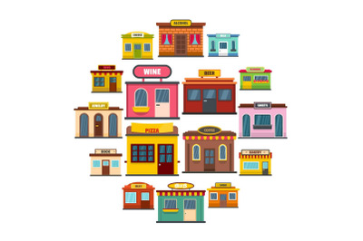 Store facade front shop icons set, flat style