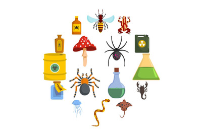 Poison danger toxic icons set, flat style