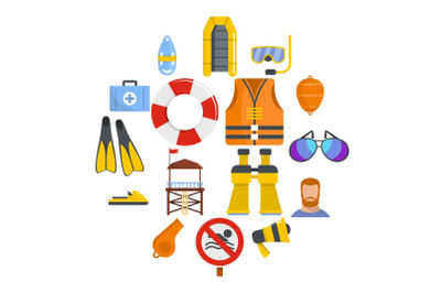Lifeguard save icons set, flat style