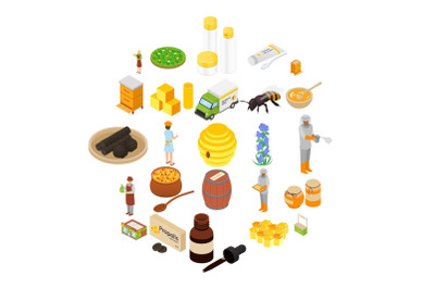 Propolis honey apiary icons set, isometric style