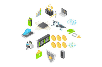 Blockchain technology icons set, isometric style