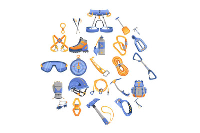 Mountaineering equipment icons set, cartoon style