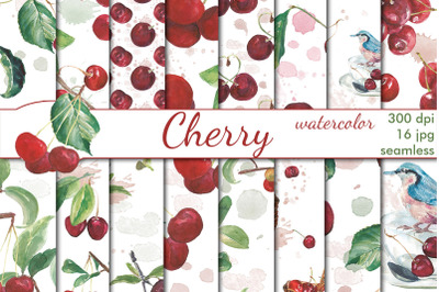 Watercolor cherry  seamless patterns