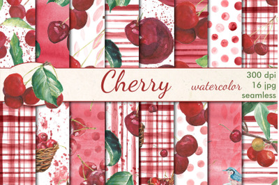 Watercolor cherry  seamless patterns