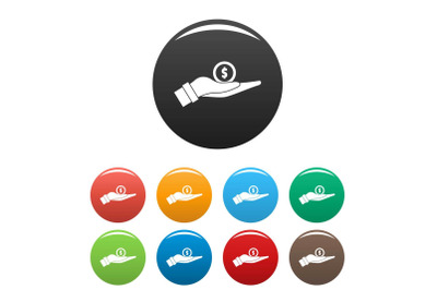 Coin in hand icons set color vector