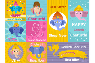 Ganesh chaturthi banner concept set, flat style