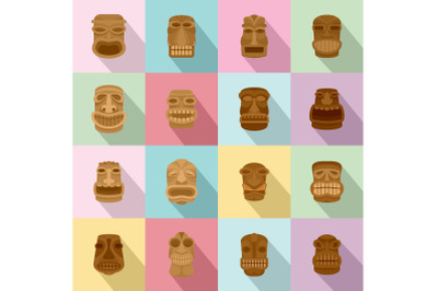 Tiki idol aztec hawaii face icons set, flat style