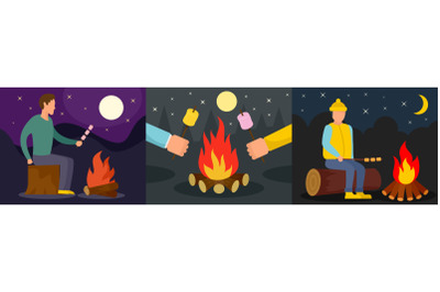 Marshmallow bonfire banner concept set, flat style