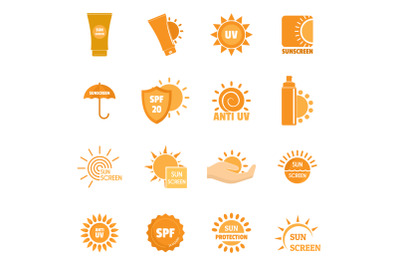 Sunscreen sun protect logo icons set, flat style