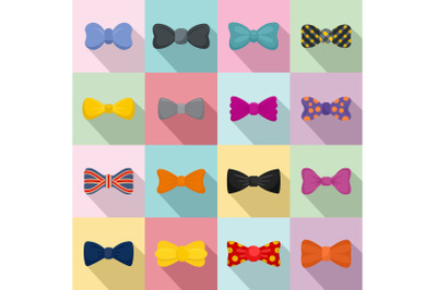 Bowtie ribbon man tuxedo icons set, flat style