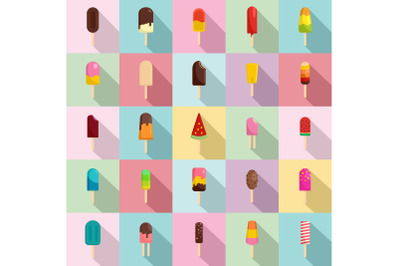 Popsicle ice cream stick icons set, flat style