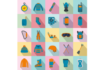 Snowboard equipment winter icons set, flat style