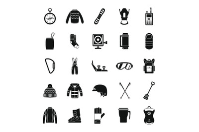 Snowboard equipment winter icons set, simple style