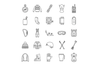 Snowboard equipment icons set, outline style