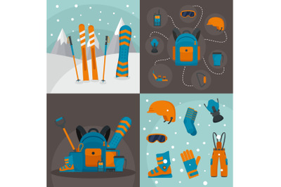 Snowboarding kit banner concept set, flat style