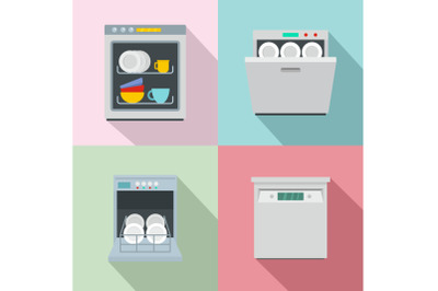 Dishwasher machine kitchen icons set flat style