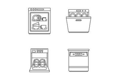 Dishwasher machine kitchen icons set outline style