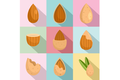 Almond walnut oil seed icons set flat style
