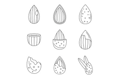 Almond walnut oil seed icons set outline style