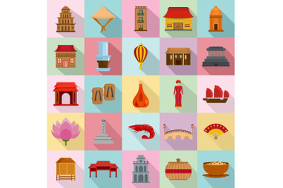 Vietnam travel tourism icons set flat style