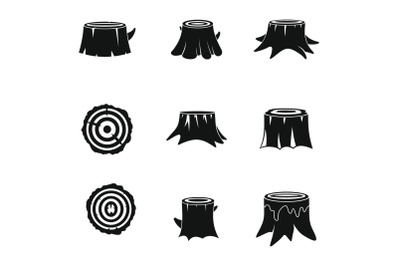 Stumps tree log wood icons set simple style
