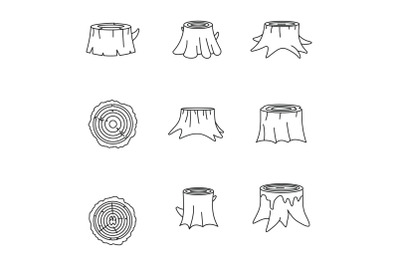 Stumps tree log wood icons set outline style
