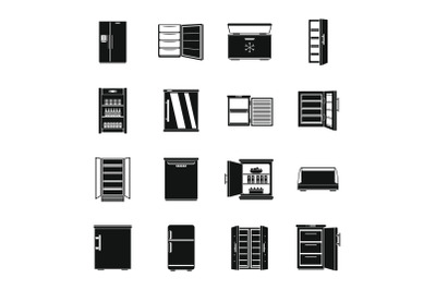 Freezer fridge frozen ice icons set, simple style