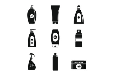 Sunscreen sun protect logo icons set, simple style