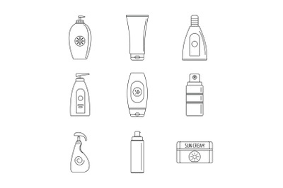 Sunscreen sun protect icons set, outline style