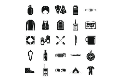 Rafting kayak water canoe icons set, simple style