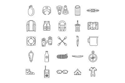 Rafting kayak water canoe icons set, outline style