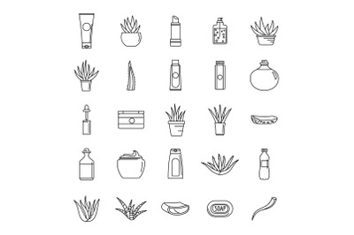 Aloe vera plant logo icons set, outline style