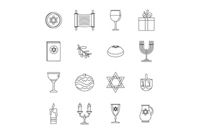 Chanukah jewish holiday icons set, outline style