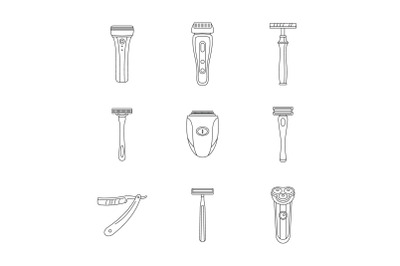 Shaver blade razor personal icons set, outline style
