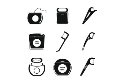 Floss dental teeth icons set, simple style
