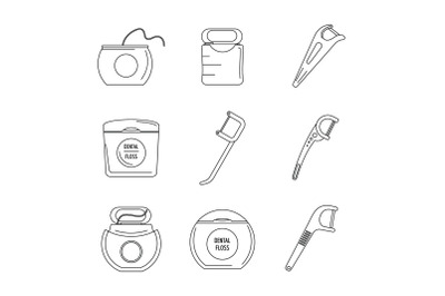 Floss dental teeth icons set, outline style