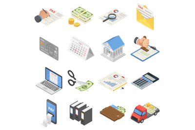 Taxes accounting money icons set, isometric style