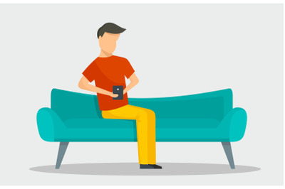 Man with smartphone at sofa banner horizontal, flat style