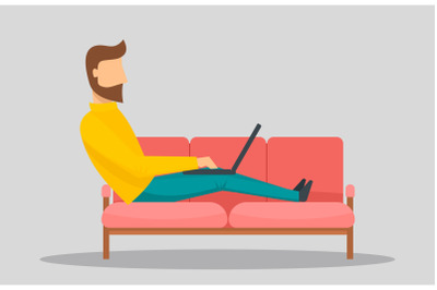 Man working on laptop at sofa banner horizontal, flat style