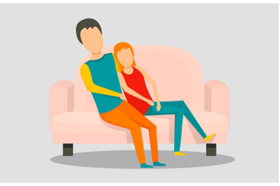 Young people at sofa banner horizontal, flat style