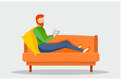 Man reading book at sofa banner horizontal, flat style