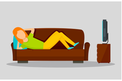 Girl watching tv on sofa banner horizontal, flat style