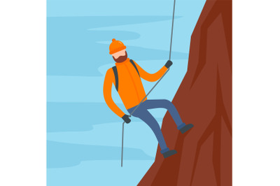 Man with rope hiking the mountain background, flat style